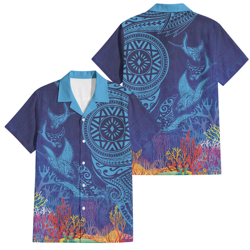 Fijian Tribal Manta Ray Family Matching Mermaid Dress and Hawaiian Shirt Masi Motif with Coral Reef Ocean Vibe LT03 Dad's Shirt - Short Sleeve Blue - Polynesian Pride