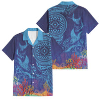 Fijian Tribal Manta Ray Family Matching Mermaid Dress and Hawaiian Shirt Masi Motif with Coral Reef Ocean Vibe LT03 Dad's Shirt - Short Sleeve Blue - Polynesian Pride