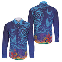 Fijian Tribal Manta Ray Family Matching Mermaid Dress and Hawaiian Shirt Masi Motif with Coral Reef Ocean Vibe LT03 Dad's Shirt - Long Sleeve Blue - Polynesian Pride