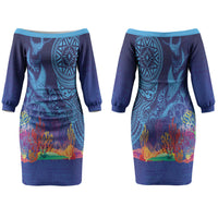 Fijian Tribal Manta Ray Family Matching Off The Shoulder Long Sleeve Dress and Hawaiian Shirt Masi Motif with Coral Reef Ocean Vibe LT03 Mom's Dress Blue - Polynesian Pride