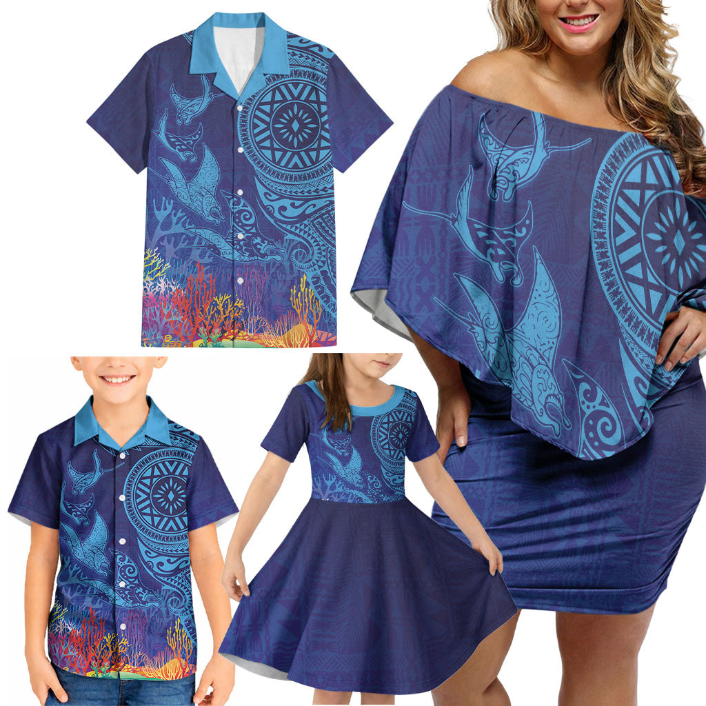 Fijian Tribal Manta Ray Family Matching Off Shoulder Short Dress and Hawaiian Shirt Masi Motif with Coral Reef Ocean Vibe LT03 - Polynesian Pride
