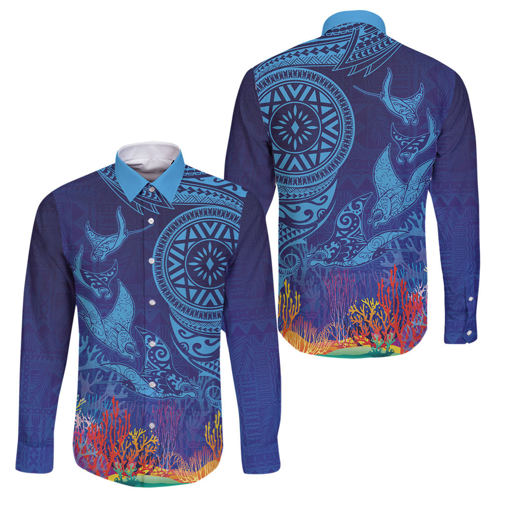 Fijian Tribal Manta Ray Family Matching Off Shoulder Short Dress and Hawaiian Shirt Masi Motif with Coral Reef Ocean Vibe LT03 Dad's Shirt - Long Sleeve Blue - Polynesian Pride