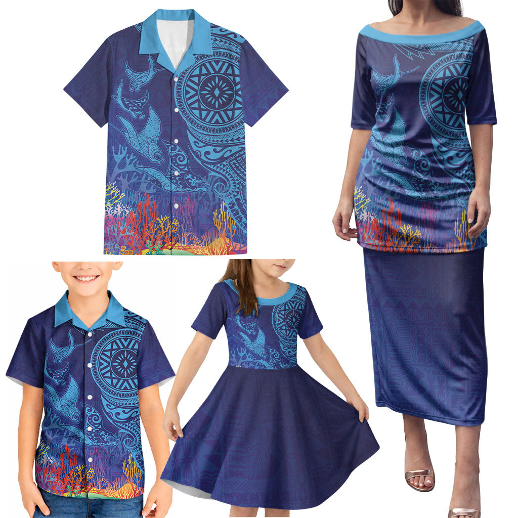 Fijian Tribal Manta Ray Family Matching Puletasi and Hawaiian Shirt Masi Motif with Coral Reef Ocean Vibe LT03 - Polynesian Pride