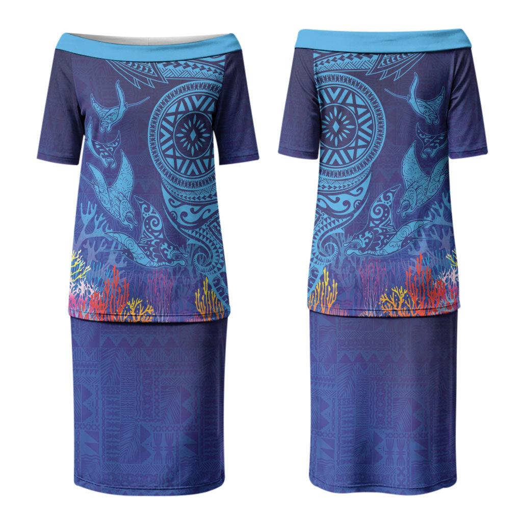 Fijian Tribal Manta Ray Family Matching Puletasi and Hawaiian Shirt Masi Motif with Coral Reef Ocean Vibe LT03 Mom's Dress Blue - Polynesian Pride