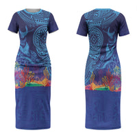 Fijian Tribal Manta Ray Family Matching Short Sleeve Bodycon Dress and Hawaiian Shirt Masi Motif with Coral Reef Ocean Vibe LT03 Mom's Dress Blue - Polynesian Pride