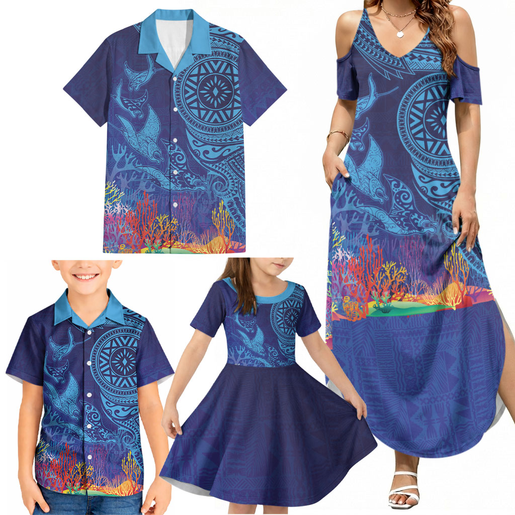 Fijian Tribal Manta Ray Family Matching Summer Maxi Dress and Hawaiian Shirt Masi Motif with Coral Reef Ocean Vibe LT03 - Polynesian Pride