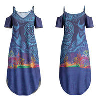 Fijian Tribal Manta Ray Family Matching Summer Maxi Dress and Hawaiian Shirt Masi Motif with Coral Reef Ocean Vibe LT03 Mom's Dress Blue - Polynesian Pride