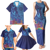 Fijian Tribal Manta Ray Family Matching Tank Maxi Dress and Hawaiian Shirt Masi Motif with Coral Reef Ocean Vibe LT03 - Polynesian Pride