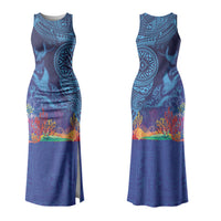 Fijian Tribal Manta Ray Family Matching Tank Maxi Dress and Hawaiian Shirt Masi Motif with Coral Reef Ocean Vibe LT03 Mom's Dress Blue - Polynesian Pride