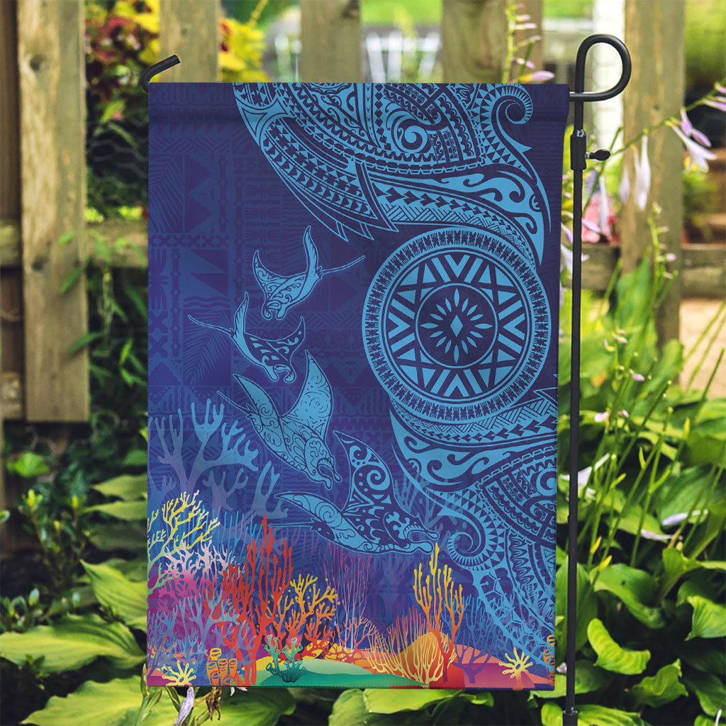 Fijian Tribal Manta Ray Garden Flag Masi Motif with Coral Reef Ocean Vibe LT03 Garden Flag Blue - Polynesian Pride
