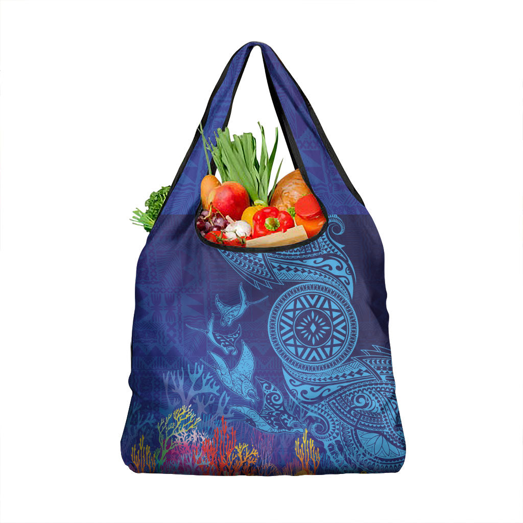 Fijian Tribal Manta Ray Grocery Bag Masi Motif with Coral Reef Ocean Vibe LT03 1-pack One Size Blue - Polynesian Pride