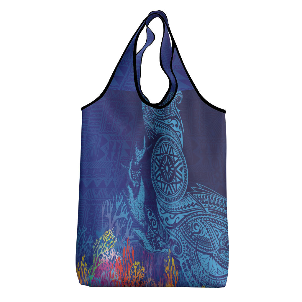 Fijian Tribal Manta Ray Grocery Bag Masi Motif with Coral Reef Ocean Vibe LT03 - Polynesian Pride