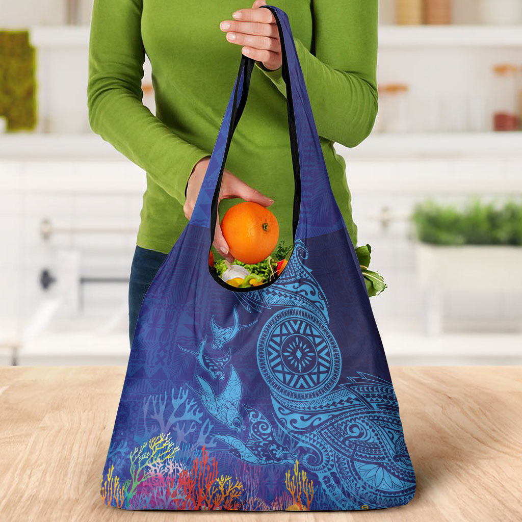 Fijian Tribal Manta Ray Grocery Bag Masi Motif with Coral Reef Ocean Vibe LT03 - Polynesian Pride