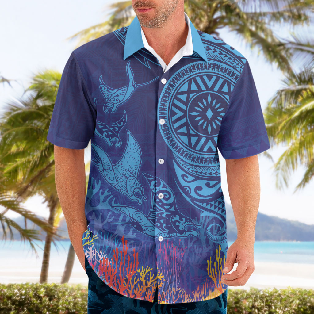 Fijian Tribal Manta Ray Hawaiian Shirt Masi Motif with Coral Reef Ocean Vibe LT03 - Polynesian Pride