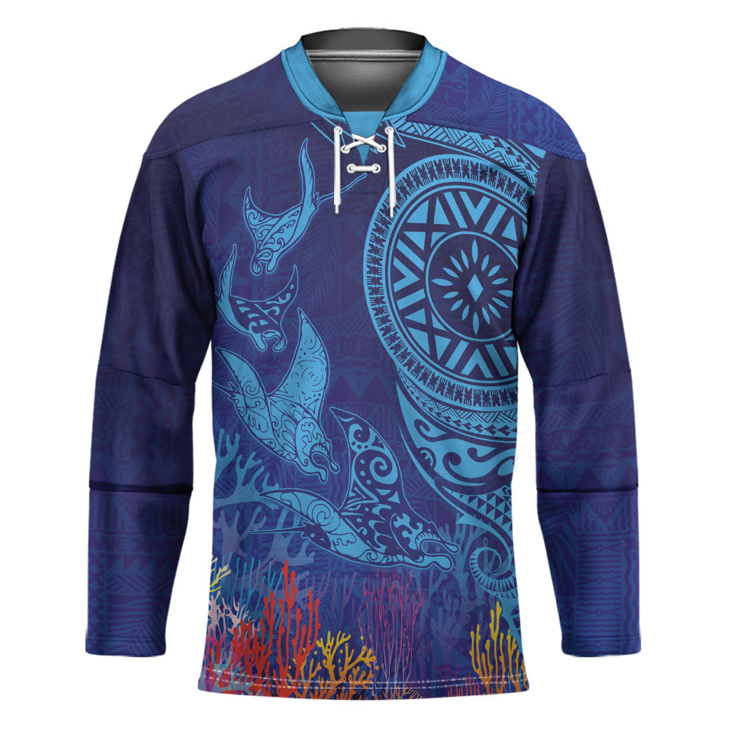 Fijian Tribal Manta Ray Hockey Jersey Masi Motif with Coral Reef Ocean Vibe LT03 Unisex Blue - Polynesian Pride