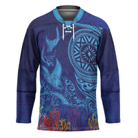 Fijian Tribal Manta Ray Hockey Jersey Masi Motif with Coral Reef Ocean Vibe LT03 Unisex Blue - Polynesian Pride