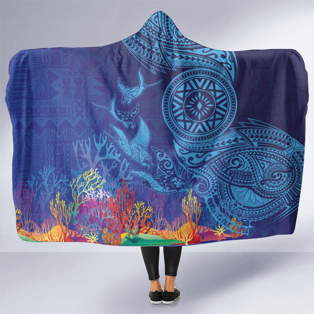 Fijian Tribal Manta Ray Hooded Blanket Masi Motif with Coral Reef Ocean Vibe LT03 One Size Blue - Polynesian Pride