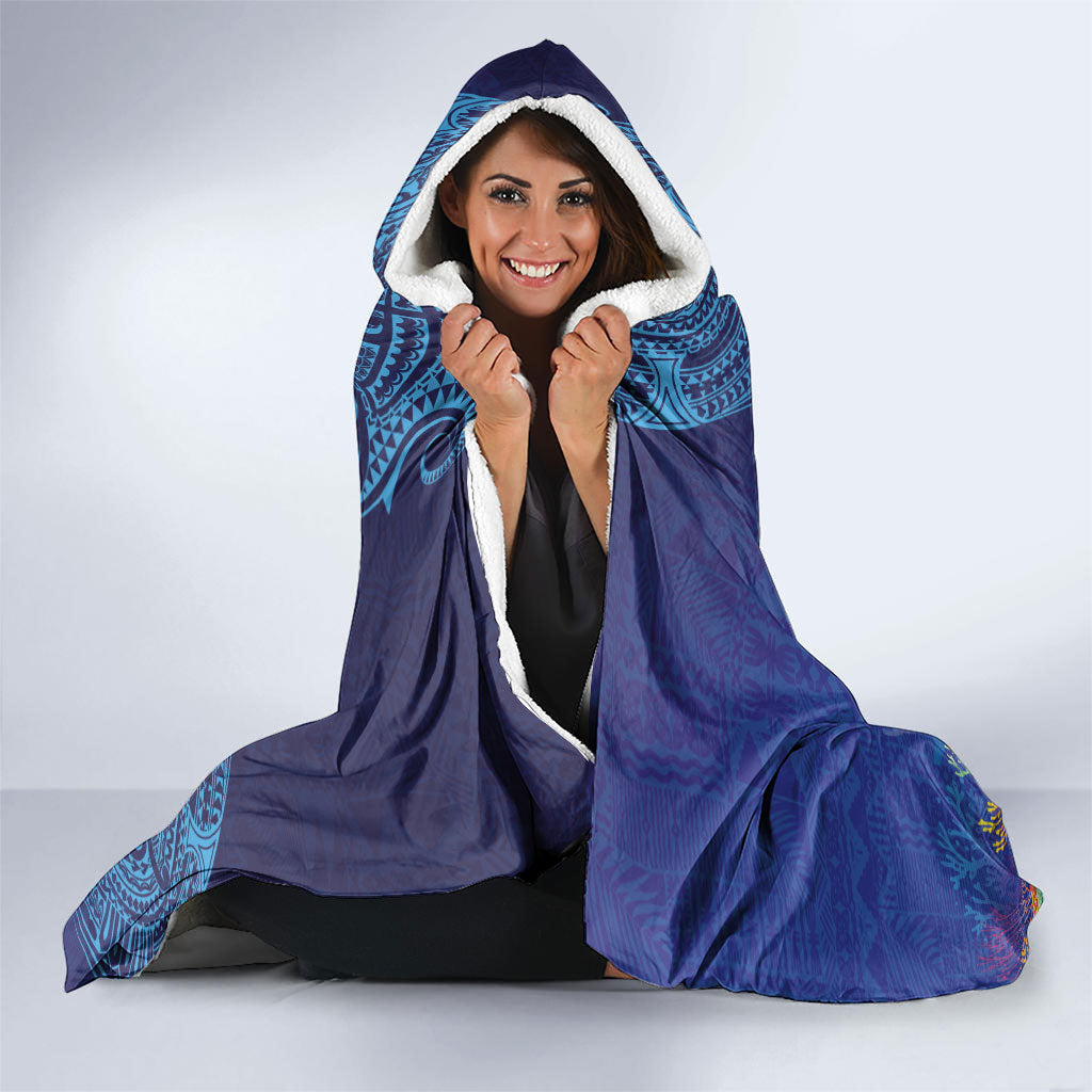 Fijian Tribal Manta Ray Hooded Blanket Masi Motif with Coral Reef Ocean Vibe LT03 - Polynesian Pride