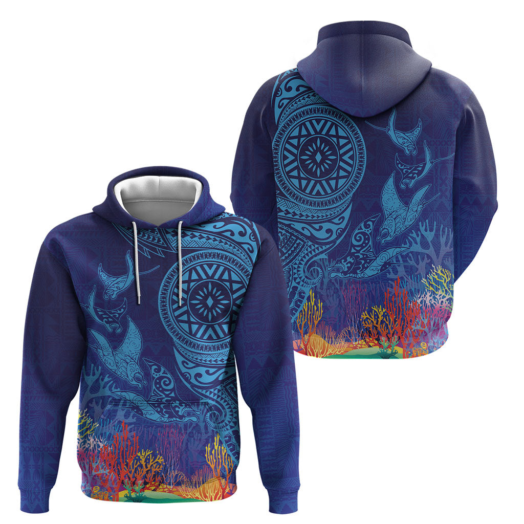 Fijian Tribal Manta Ray Hoodie Masi Motif with Coral Reef Ocean Vibe LT03 - Polynesian Pride