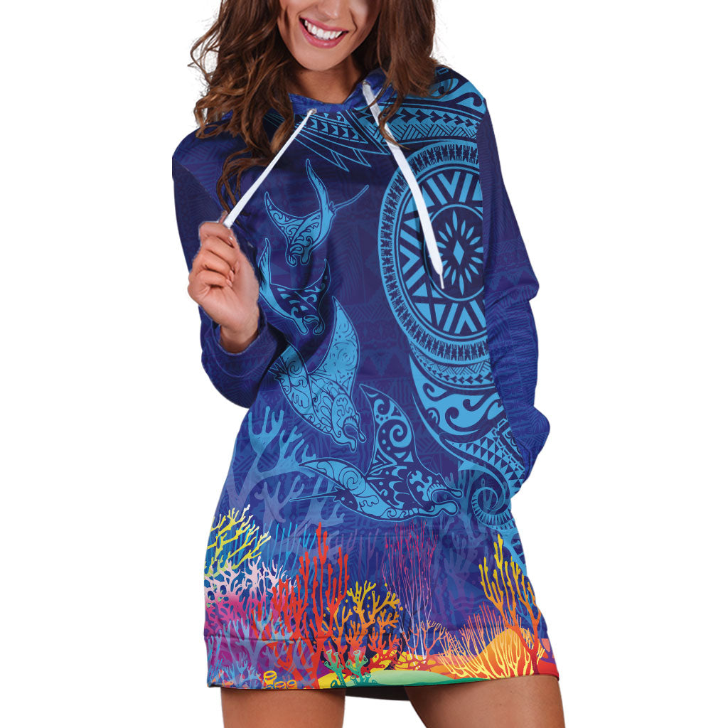 Fijian Tribal Manta Ray Hoodie Dress Masi Motif with Coral Reef Ocean Vibe LT03 Blue - Polynesian Pride
