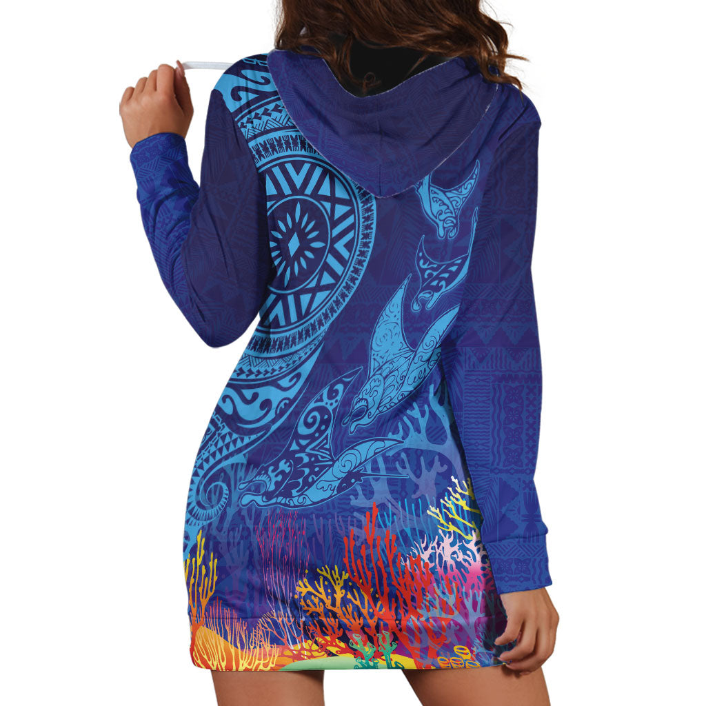 Fijian Tribal Manta Ray Hoodie Dress Masi Motif with Coral Reef Ocean Vibe LT03 - Polynesian Pride