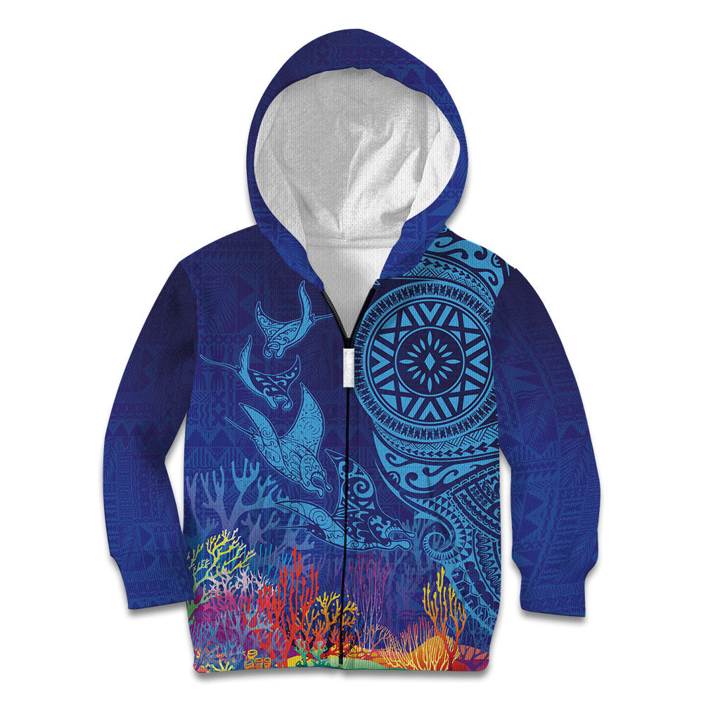 Fijian Tribal Manta Ray Kid Hoodie Masi Motif with Coral Reef Ocean Vibe LT03 Zip Hoodie Blue - Polynesian Pride