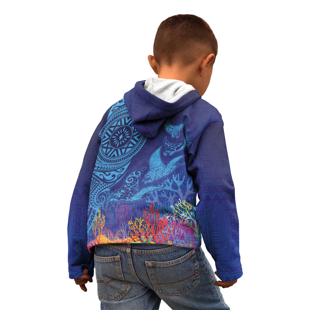 Fijian Tribal Manta Ray Kid Hoodie Masi Motif with Coral Reef Ocean Vibe LT03 - Polynesian Pride
