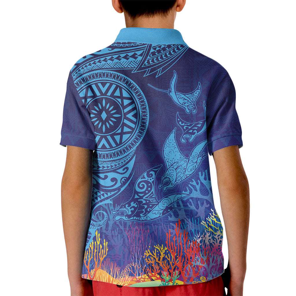 Fijian Tribal Manta Ray Kid Polo Shirt Masi Motif with Coral Reef Ocean Vibe LT03 - Polynesian Pride