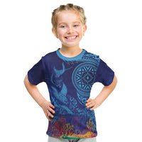 Fijian Tribal Manta Ray Kid T Shirt Masi Motif with Coral Reef Ocean Vibe LT03 Blue - Polynesian Pride