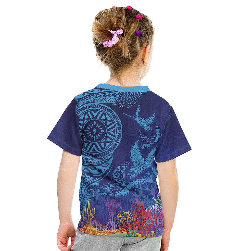 Fijian Tribal Manta Ray Kid T Shirt Masi Motif with Coral Reef Ocean Vibe LT03 - Polynesian Pride