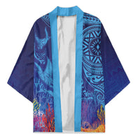 Fijian Tribal Manta Ray Kimono Masi Motif with Coral Reef Ocean Vibe LT03 Unisex Blue - Polynesian Pride