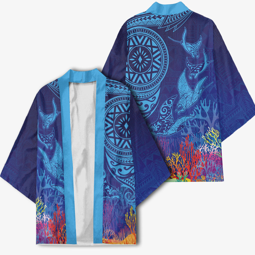 Fijian Tribal Manta Ray Kimono Masi Motif with Coral Reef Ocean Vibe LT03 - Polynesian Pride