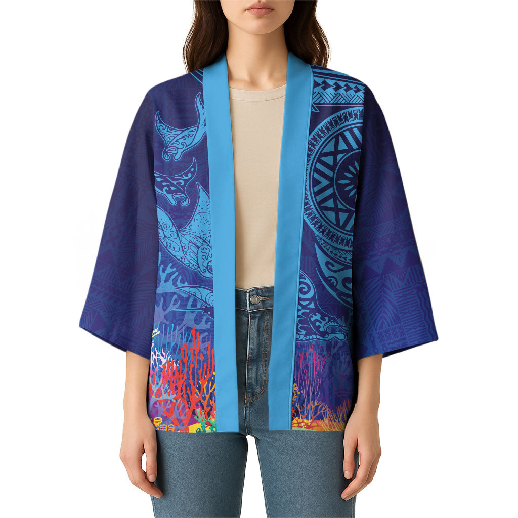 Fijian Tribal Manta Ray Kimono Masi Motif with Coral Reef Ocean Vibe LT03 - Polynesian Pride