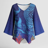 Fijian Tribal Manta Ray Kimono Sleeve Blouse Masi Motif with Coral Reef Ocean Vibe LT03 Female Blue - Polynesian Pride