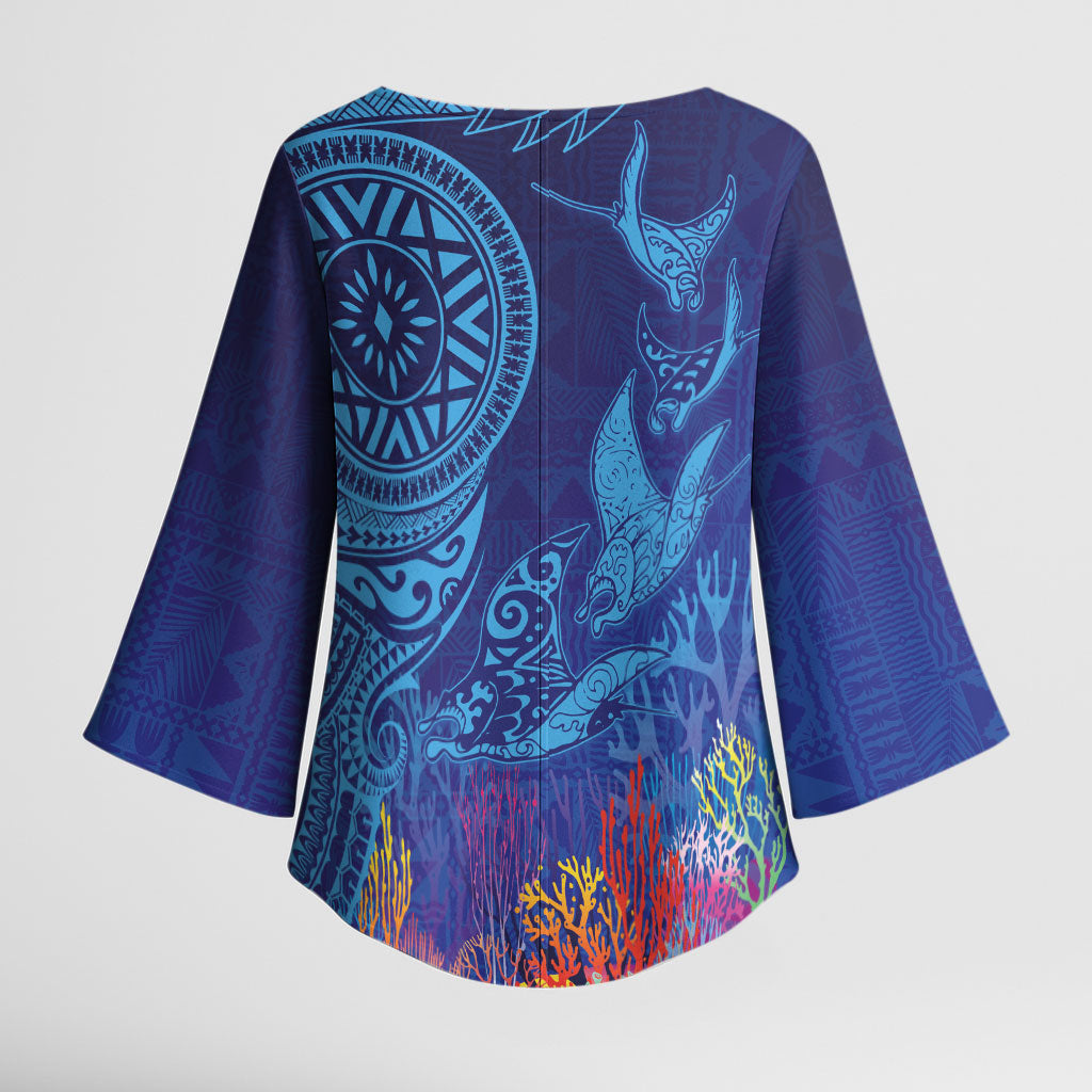 Fijian Tribal Manta Ray Kimono Sleeve Blouse Masi Motif with Coral Reef Ocean Vibe LT03 - Polynesian Pride