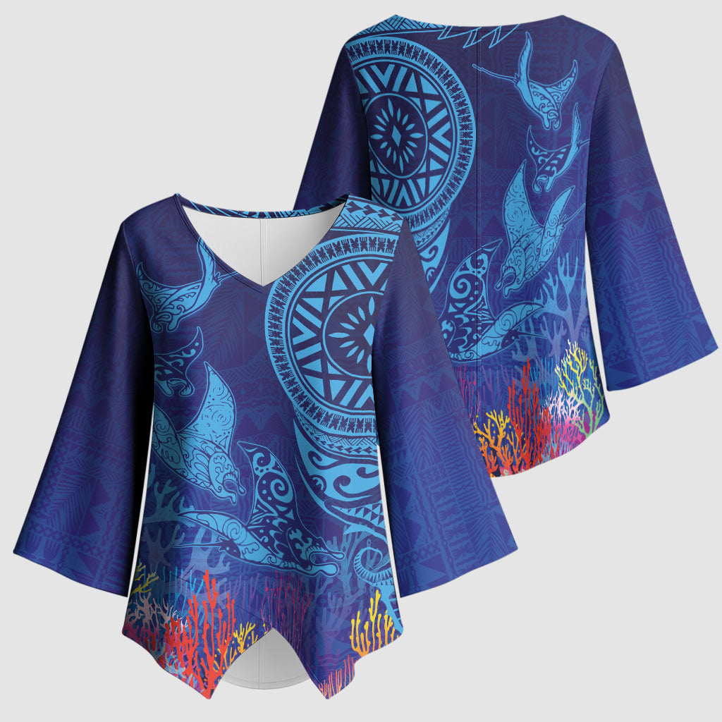 Fijian Tribal Manta Ray Kimono Sleeve Blouse Masi Motif with Coral Reef Ocean Vibe LT03 - Polynesian Pride
