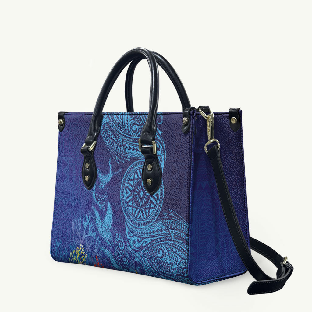 Fijian Tribal Manta Ray Leather Bag Masi Motif with Coral Reef Ocean Vibe LT03 Blue - Polynesian Pride
