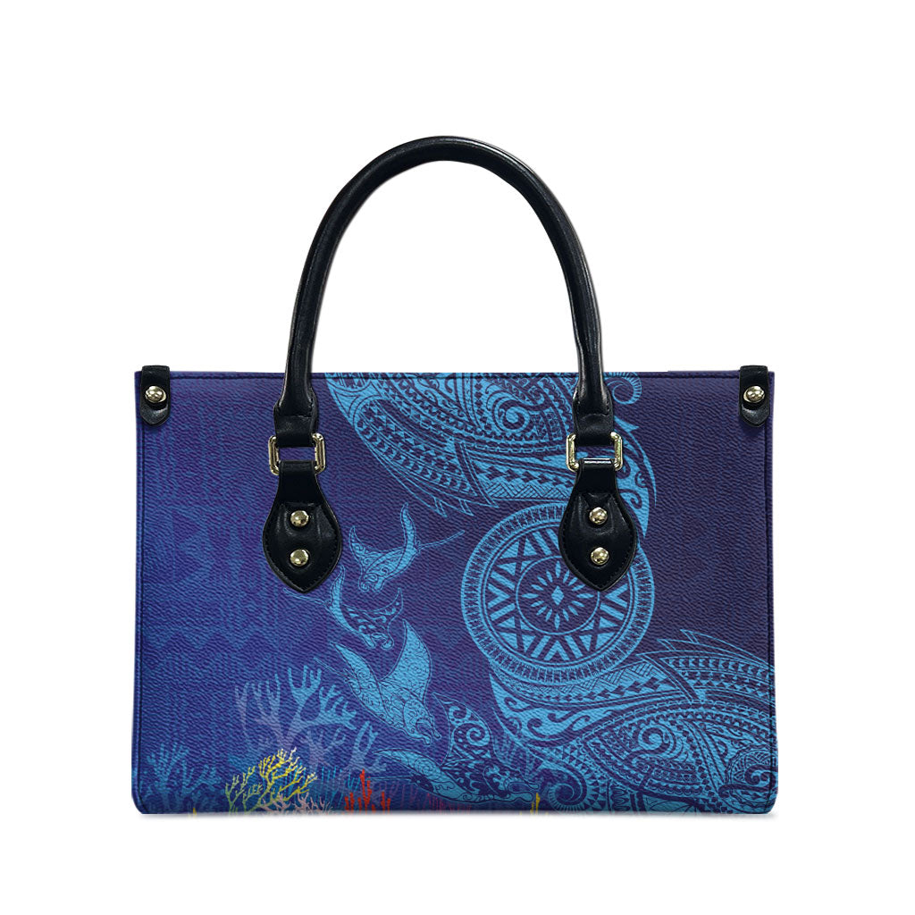 Fijian Tribal Manta Ray Leather Bag Masi Motif with Coral Reef Ocean Vibe LT03 - Polynesian Pride