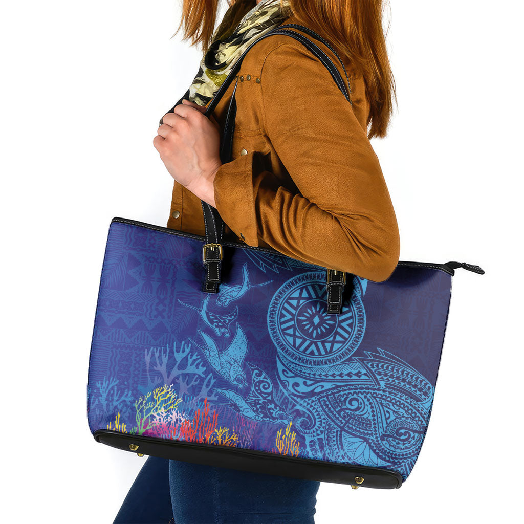 Fijian Tribal Manta Ray Leather Tote Bag Masi Motif with Coral Reef Ocean Vibe LT03 Blue - Polynesian Pride
