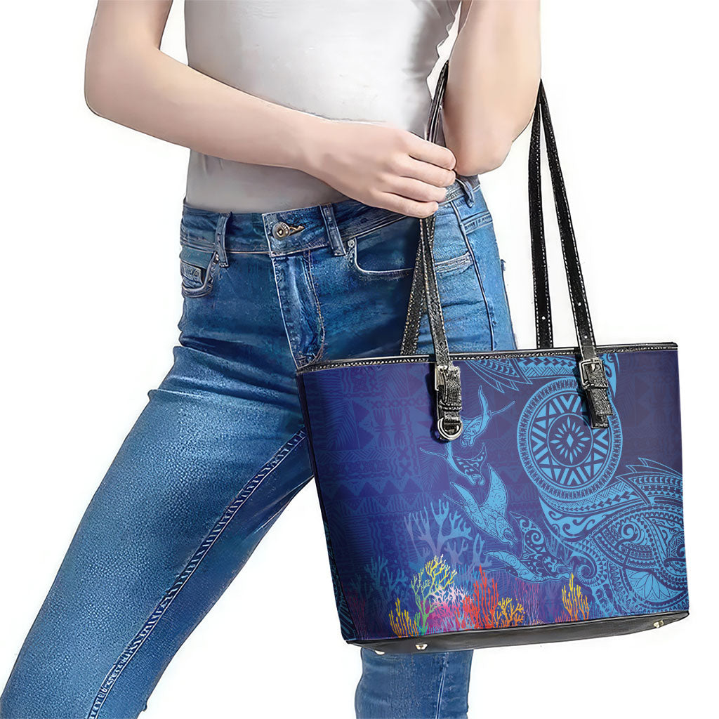 Fijian Tribal Manta Ray Leather Tote Bag Masi Motif with Coral Reef Ocean Vibe LT03 - Polynesian Pride