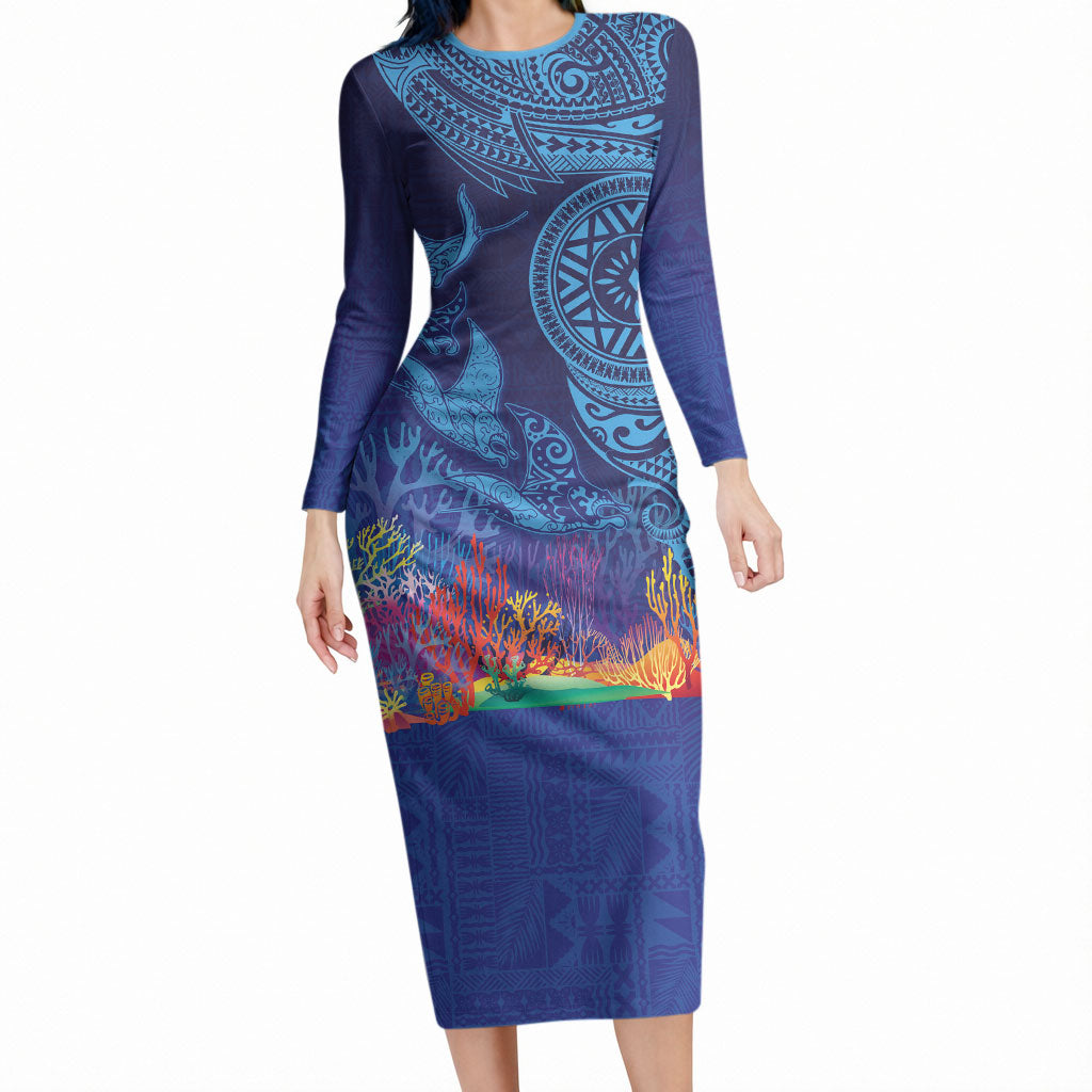 Fijian Tribal Manta Ray Long Sleeve Bodycon Dress Masi Motif with Coral Reef Ocean Vibe LT03 Long Dress Blue - Polynesian Pride