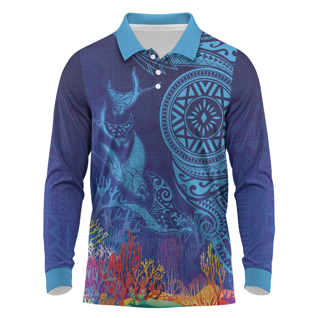 Fijian Tribal Manta Ray Long Sleeve Polo Shirt Masi Motif with Coral Reef Ocean Vibe LT03 Blue - Polynesian Pride