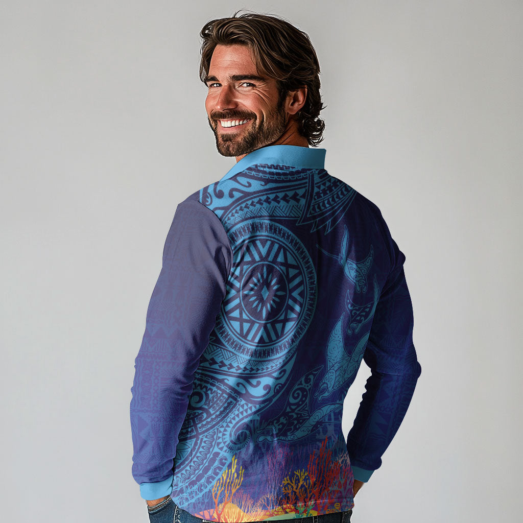 Fijian Tribal Manta Ray Long Sleeve Polo Shirt Masi Motif with Coral Reef Ocean Vibe LT03 - Polynesian Pride
