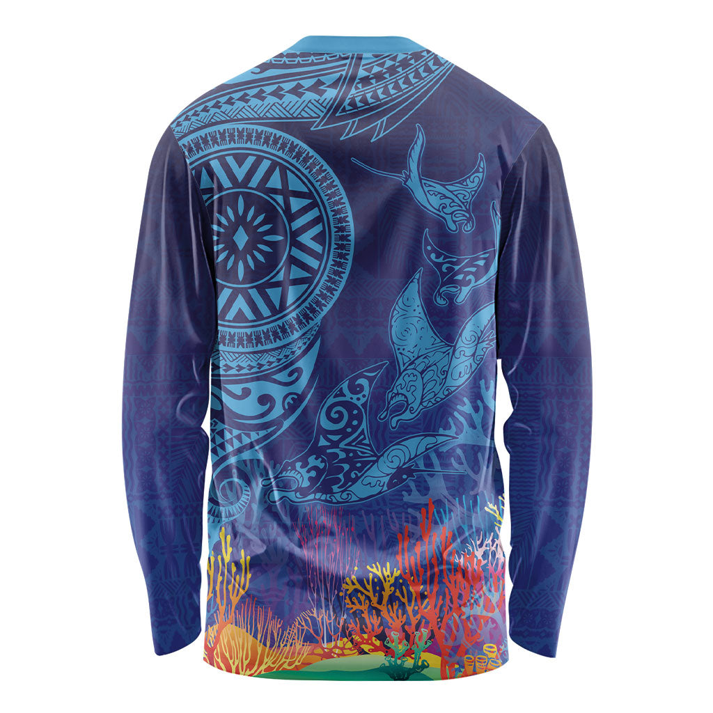 Fijian Tribal Manta Ray Long Sleeve Shirt Masi Motif with Coral Reef Ocean Vibe LT03 - Polynesian Pride