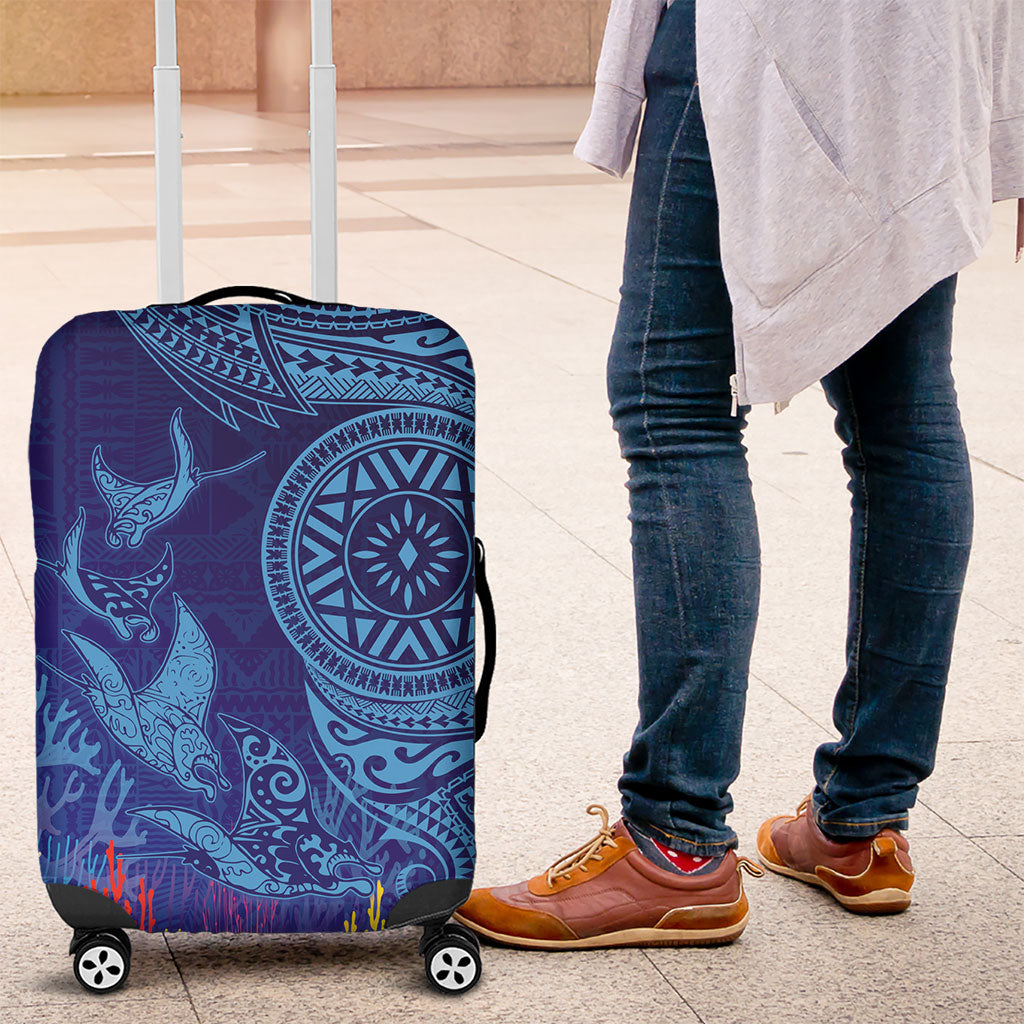 Fijian Tribal Manta Ray Luggage Cover Masi Motif with Coral Reef Ocean Vibe LT03 Blue - Polynesian Pride