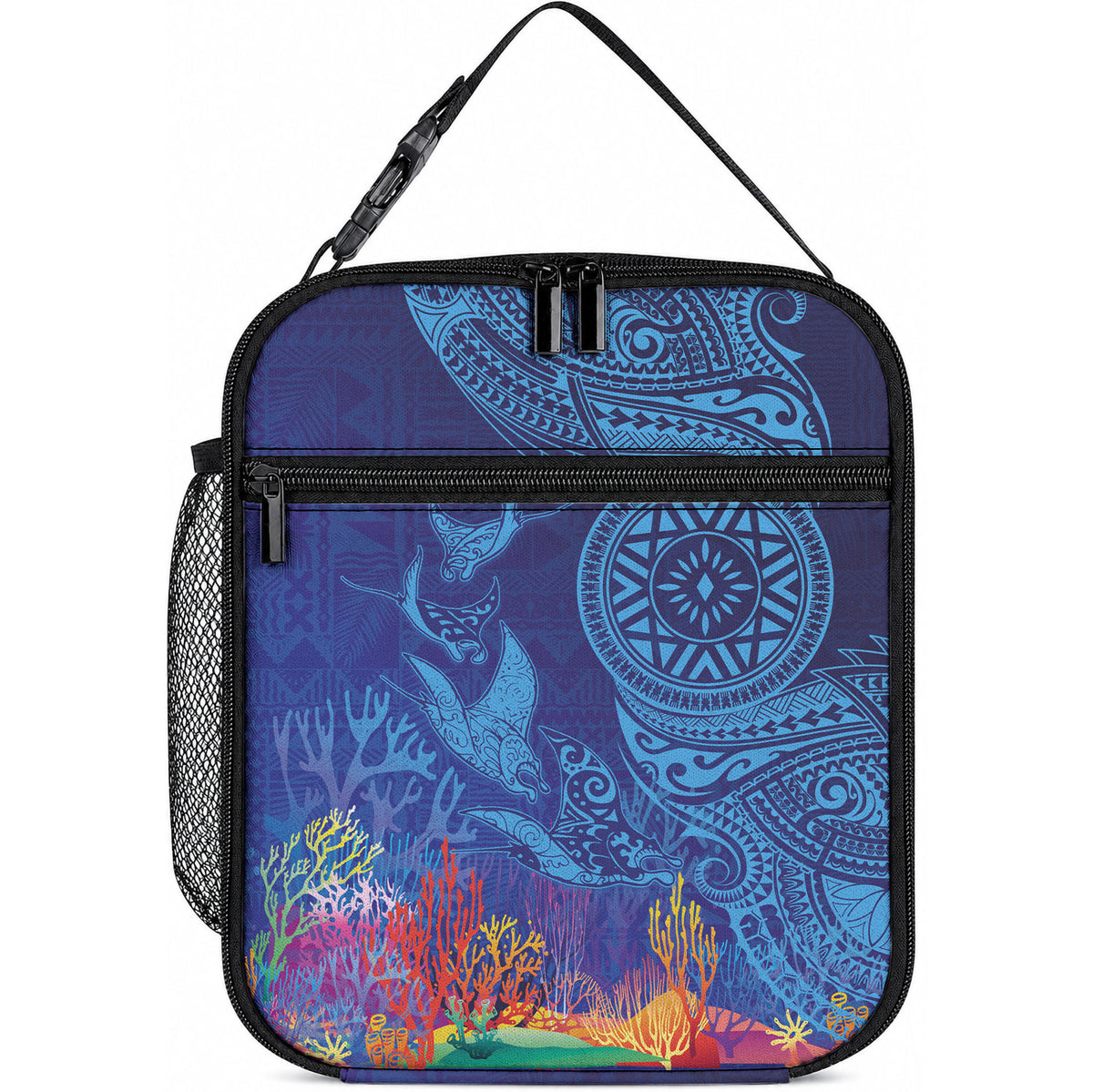 Fijian Tribal Manta Ray Lunch Bag Masi Motif with Coral Reef Ocean Vibe