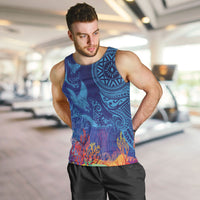 Fijian Tribal Manta Ray Men Tank Top Masi Motif with Coral Reef Ocean Vibe LT03 Blue - Polynesian Pride