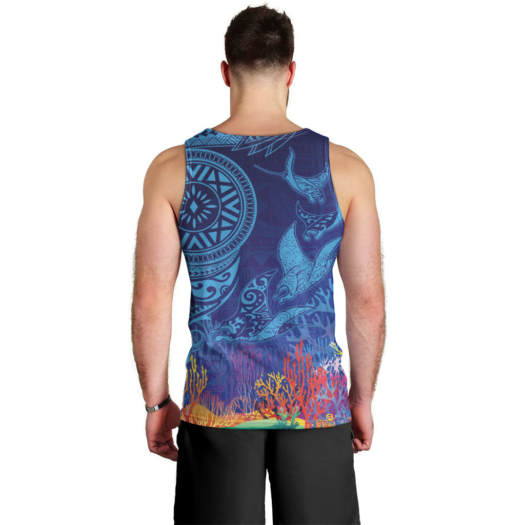 Fijian Tribal Manta Ray Men Tank Top Masi Motif with Coral Reef Ocean Vibe LT03 - Polynesian Pride