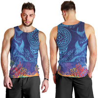 Fijian Tribal Manta Ray Men Tank Top Masi Motif with Coral Reef Ocean Vibe LT03 - Polynesian Pride
