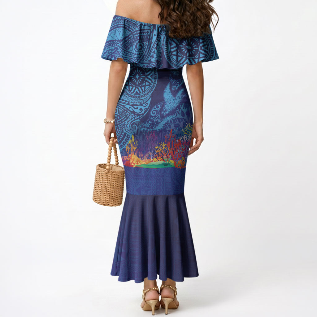 Fijian Tribal Manta Ray Mermaid Dress Masi Motif with Coral Reef Ocean Vibe LT03 - Polynesian Pride